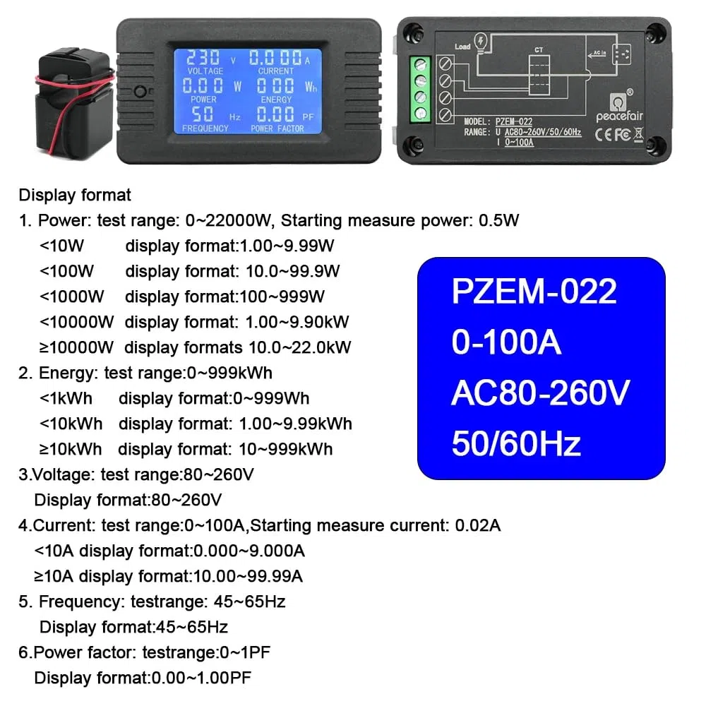 DollaTek AC 80-260V 100A Corrente Tensione Amperaggio Potenza Energia Misuratore di pannello LCD Display digitale Amperometro Voltmetro Multimetro con TA aperto
