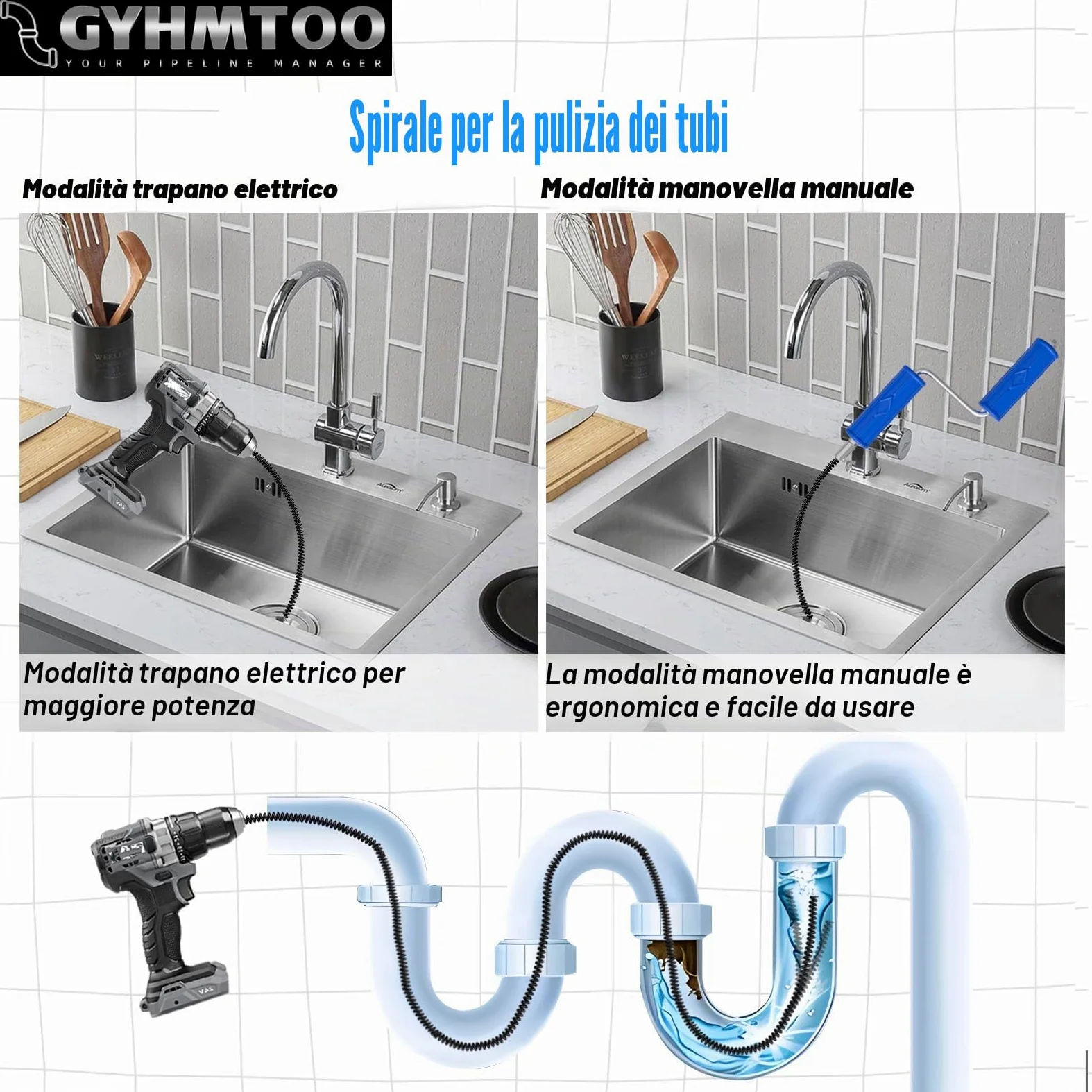 Spirale per la pulizia dei tubi, Ø 8 mm, in acciaio a molla, per tubi di scarico a spirale, per blocchi ostinati, processo di elettroforesi (8mm, 5m)