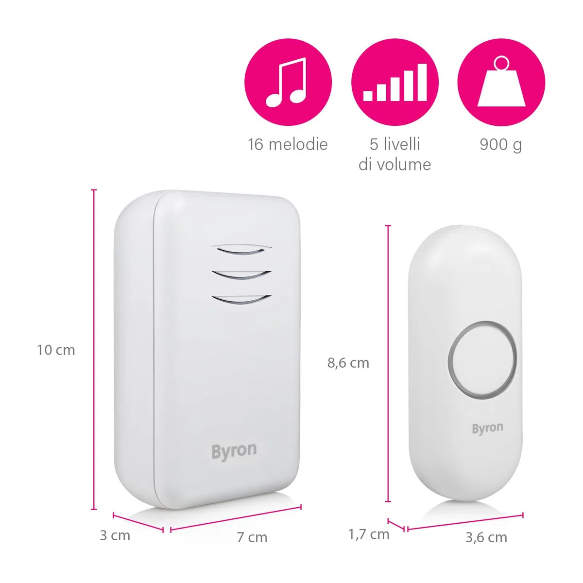 Byron DBY-22311 - Kit Campanello e Campanello 16 Melodie e 150 m (Campo Libero) di Portata Senza Fili, Alimentazione a batterie, Colore: Bianco