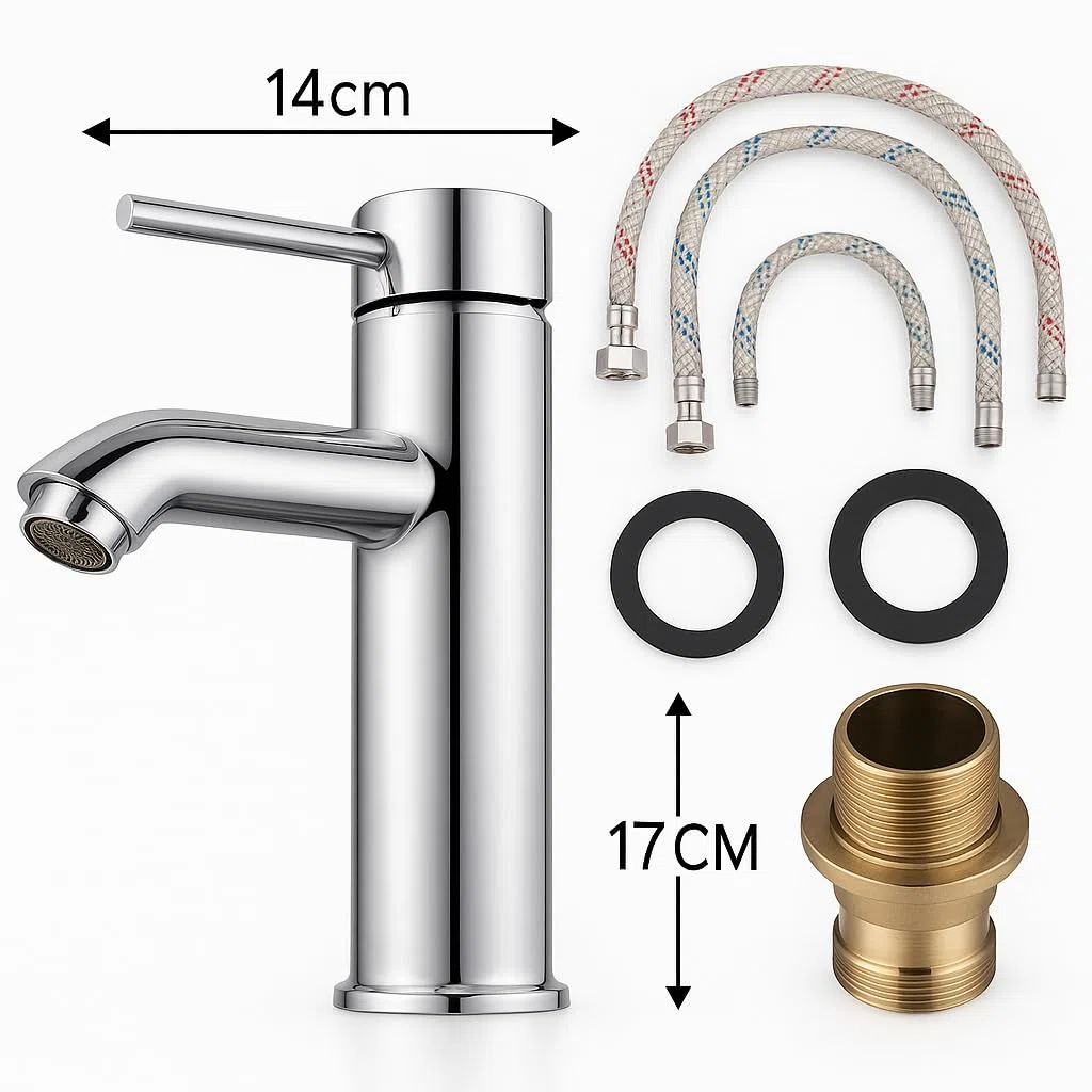 Rubinetto Miscelatore Lavabo Lavandino Bidet Bagno Cromato Altezza 17 cm con Tubi Flessibili e Kit Installazione Design Moderno per Bagno Domestico e Professionale