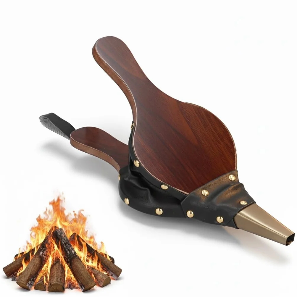 Soffietto per Camino a Legna, Fireplace Fan, Soffiatore in Legno Design Senza Colpo, Controattivo al Calore Pelle Sintetica Ferro Legno, Pannello MDF Pompa A Soffietto Manuale