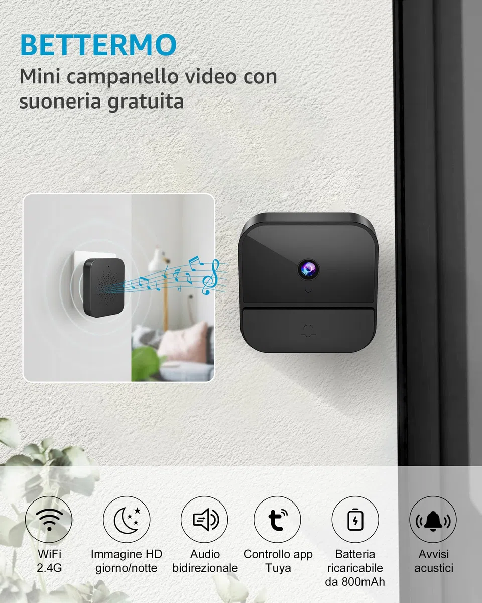 Videocitofono Senza Fili 1080P con Telecamera WiFi, Batteria Integrata, Visione Notturna, Audio Bidirezionale, Supporto SD Card e Cloud Storage, Nessun canone mensile (1)