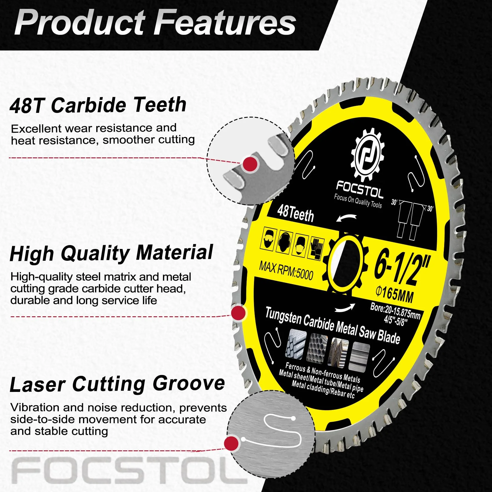 FOCSTOL Lama Sega Circolare per Metallo 165mm x 20mm x 15,875mm - Disco in Metallo Duro 48 Denti per Acciaio Inox Ferrosi Tubo D'acciaio