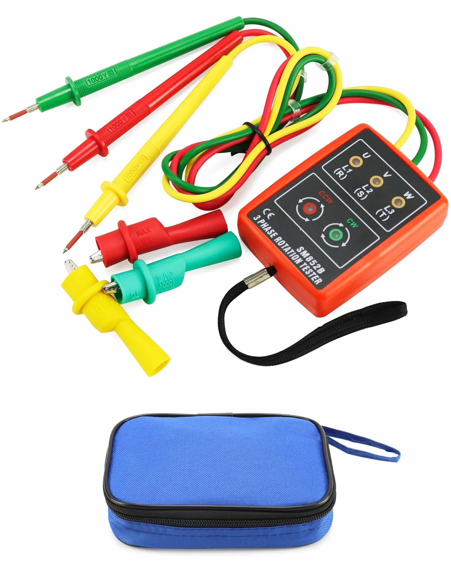 QWORK Tester di fase, misuratore di campo girevole per 3 fasi, 60 V ~ 600 V AC, 20 – 400 Hz, con tester estivo e morsetti a coccodrillo