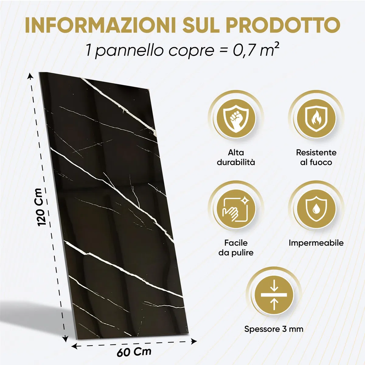 IZODEKOR Rivestimento da Parete Effetto Marmo, 120 x 60 cm, Alternativa alle Piastrelle da Bagno/Cucina, Pannelli per Bagno | Black Lightning