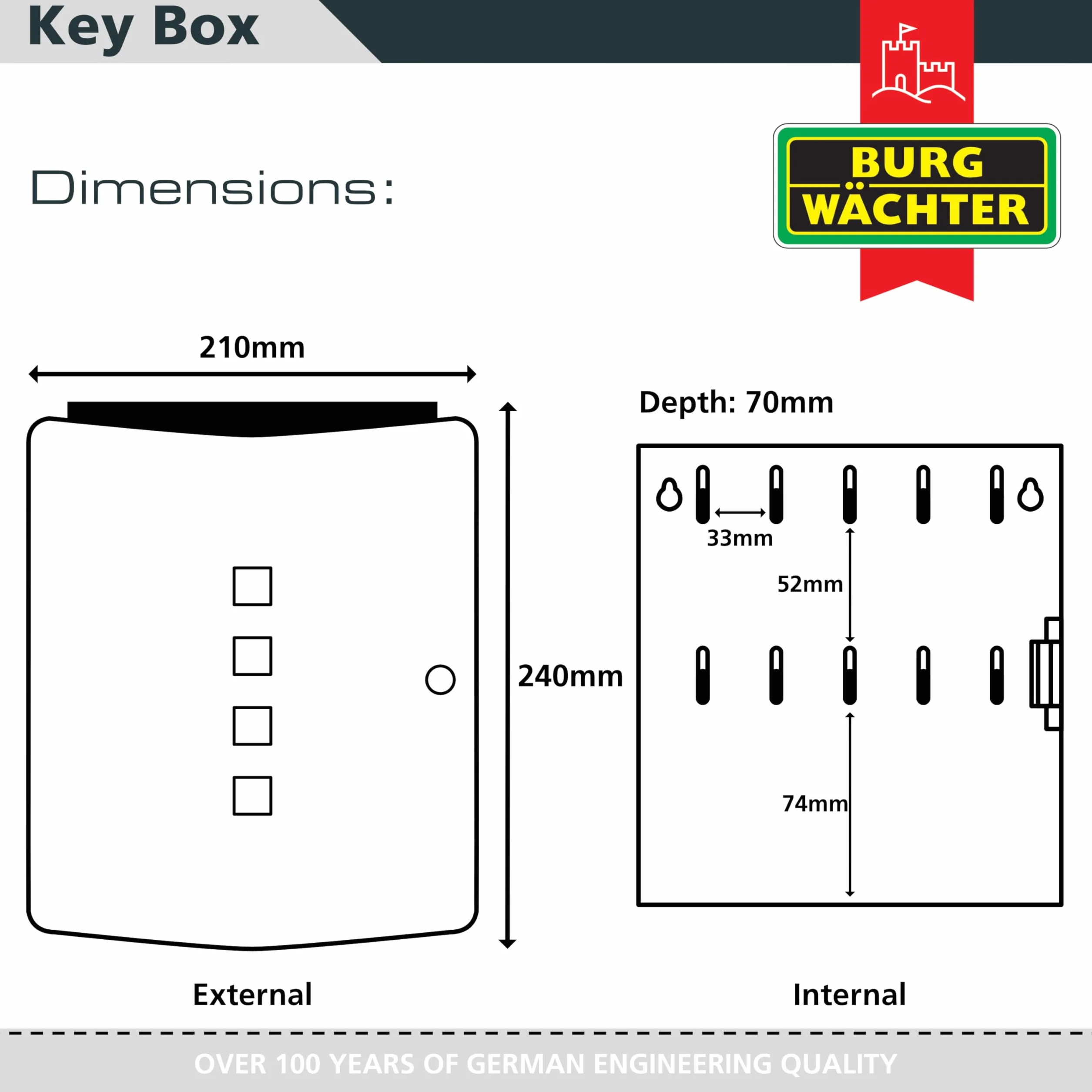 BURG-WÄCHTER Cassetta portachiavi con 10 ganci e chiusura magnetica, Armadietto per chiavi Quad 6204/10 Ni, Acciaio inox/lamiera d’acciaio, Argento/nero