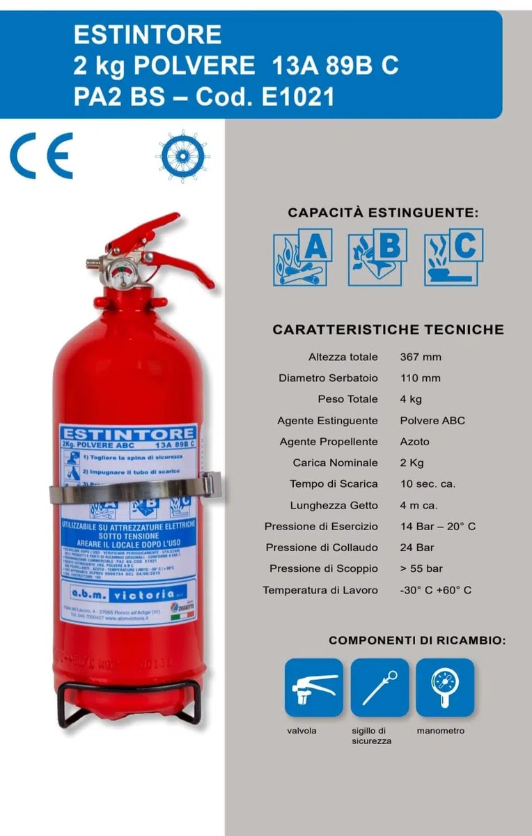 ESTINTORE POLVERE KG 2, OMOLOGATO E CERTIFICATO, ANNO DI COSTRUZIONE 2025 COMPLETO DI SUPPORTO