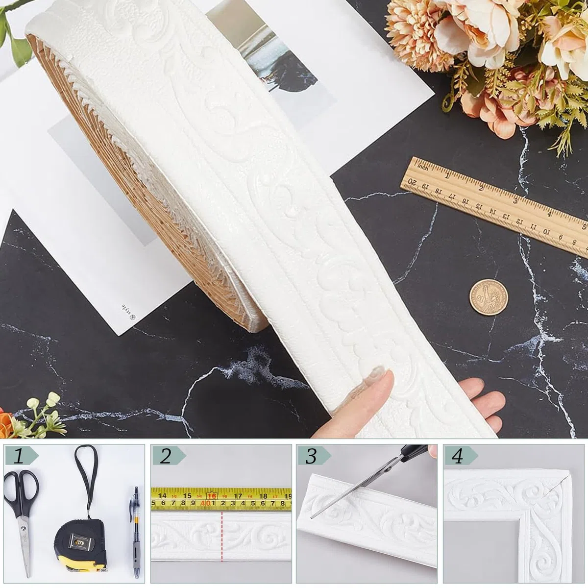 Modanatura Adesiva per Pareti, 7,8 cm x 10 m Greca Adesiva per Parete, Bordo Adesivo per Pareti, 3D Rimovibili Bordo per Carta da Parati per Cucina Bagno per Specchio Linee Murali (Bianco)