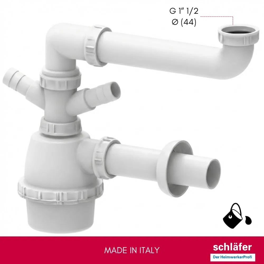 Schläfer 4395321 | Sifone Universale a Fiasco salvaspazio per Lavelli a 1 vasca 1"1/2 con 2 Attacchi Lavastoviglie - Uscita Diam 40mm, Scarico Lavandino ad un Bacino con Rosone, Bianco