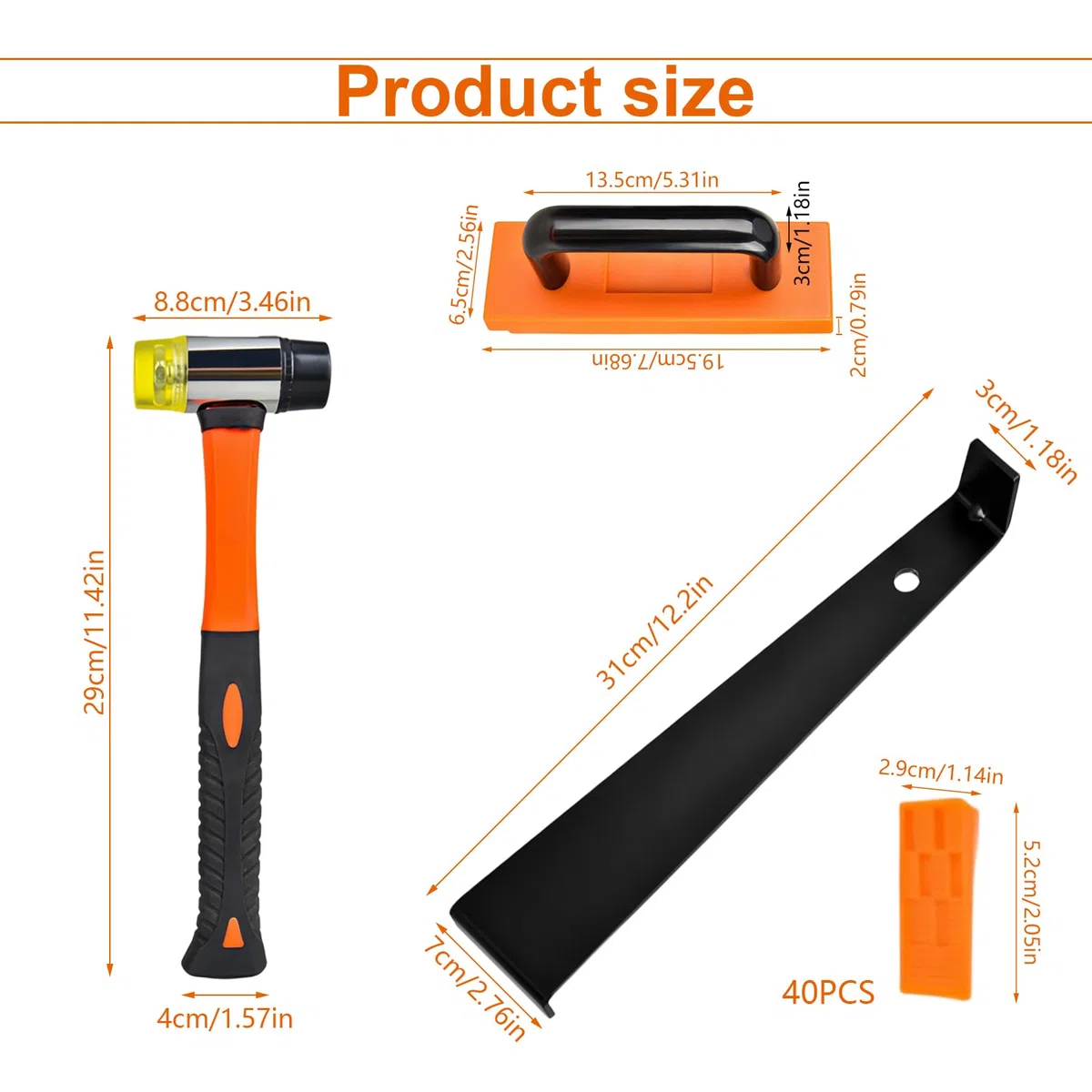 Set per la Posa di Laminati, Set Completo da 43 Pezzi, 198mm Pavimento PVC Incastro, 1 Blocco di Sblocco, 1 Ferro di Trazione, 40 Distanziatori, 1 Martello a Doppia