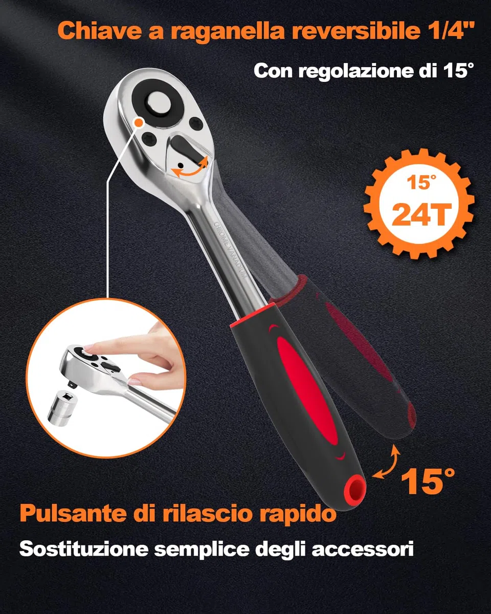 Set di Chiavi a Cricchetto, Chiavi a Bussola 1/4"-46 Pezzi, Adatto per Lavori su Biciclette e Automobili