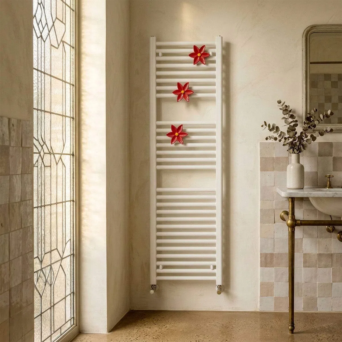 Fiore di Ninfea Appendino in Ceramica Rosso per Radiatore e Muro - Gancio Portasciugamani per Scaldasalviette e Termoarredo - Design Artigianale Italiano