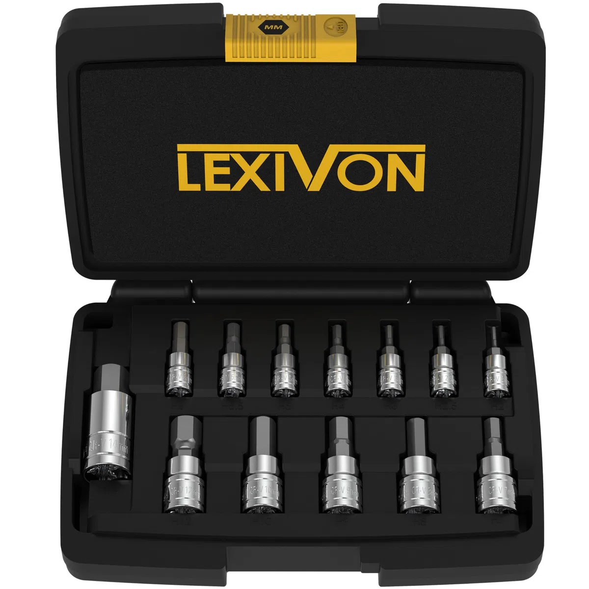 LEXIVON Set di Chiavi a Bussola con Punta Esagonale per Chiave Dinamometrica, Chiave a Cricchetto e Avvitatore a Batteria, 13 pezzi Metrici 2 mm - 14 mm, in Lega di Acciaio S2, in Valigetta (LX-141)
