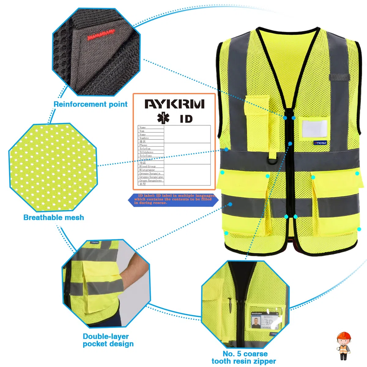 AYKRM Gilet ad alta visibilità con cerniera frontale ad alta visibilità gilet ad alta visibilità gilet con tasche per telefono e documenti