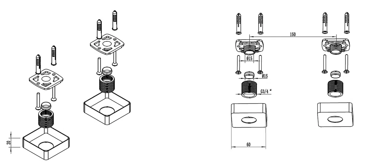 Kit di fissaggio rapido per valvola a barra, staffe con copertura quadrata in SS nero opaco, bocchette da 3/4 di pollice Connessioni BSP 15 mm Montaggio a parete per miscelatore termostatico