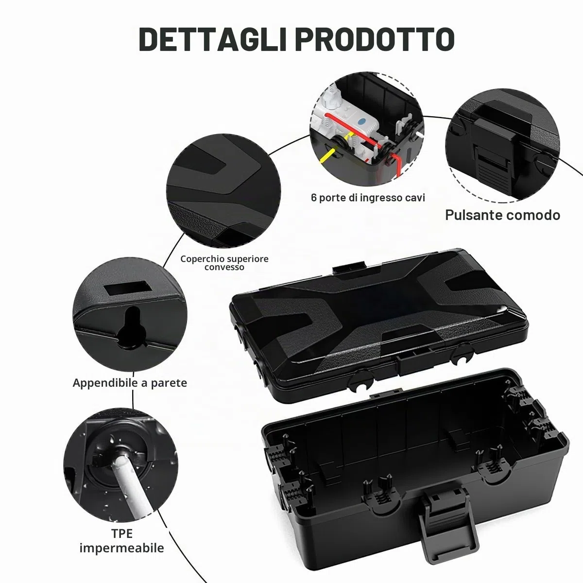 Scatola Derivazione Stagna Esterna, Copripresa Esterno Impermeabile, Giunzione Presa, Cassetta Elettrica, Realizzata in PP+TPE Nero, Ideale per Proteggere Prolunghe, Prese e Spine da Esterno