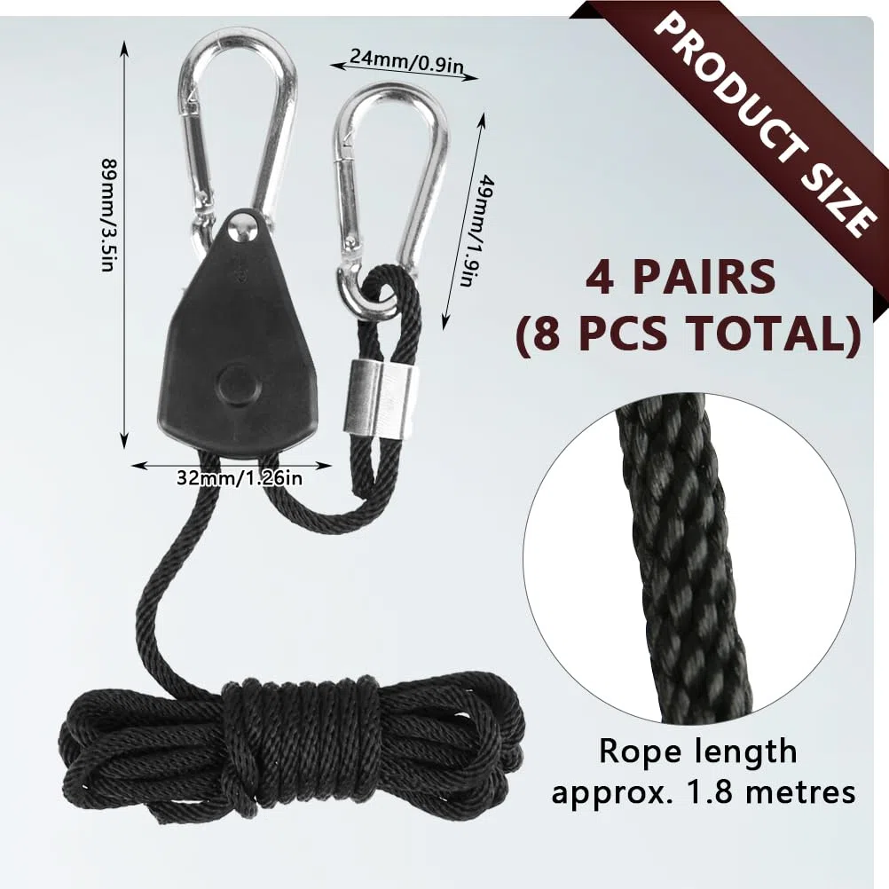 8Pz Cricchetto per Corda da 150 Libbre TIMESETL Carrucole Piccole con Gancio e Corda Nylon, Carrucola per Sollevamento, Tiranti per Vela Ombreggiante, Extendable Camping Rope, Puleggia per Piante