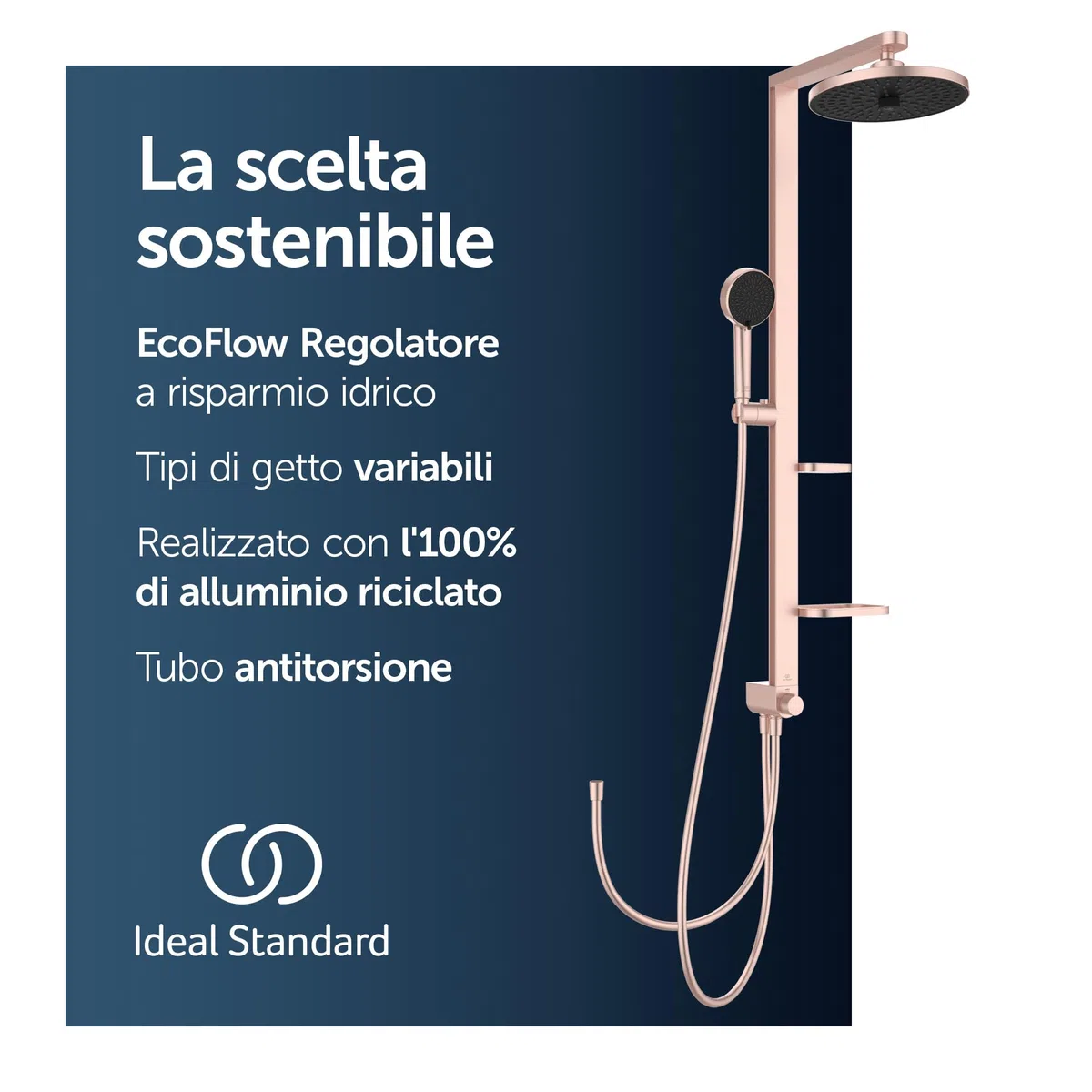 Ideal Standard Ceratwist Alu+ Colonna doccia, Realizzata con l'100% di alluminio riciclato, doccia a risparmio idrico con tipi di getto variabili – Rosé (338x501x1104 mm)