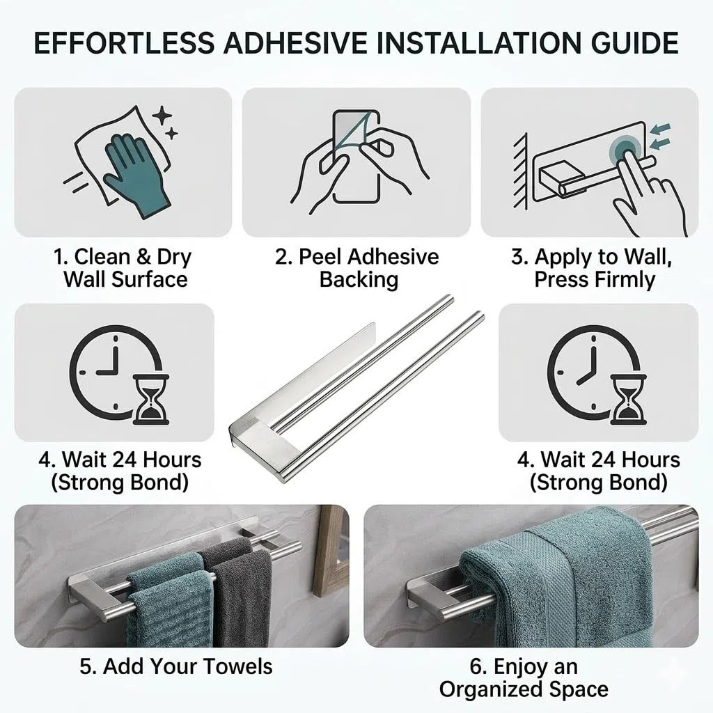 Porta Asciugamani bagno Adesivo Doppio senza Forare, Portasciugamani da Parete in Acciaio Inossidabile Accessori per Bagno e Cucina, Supporto Appendi Asciugamani 2 Bracci 39 cm (Argento)