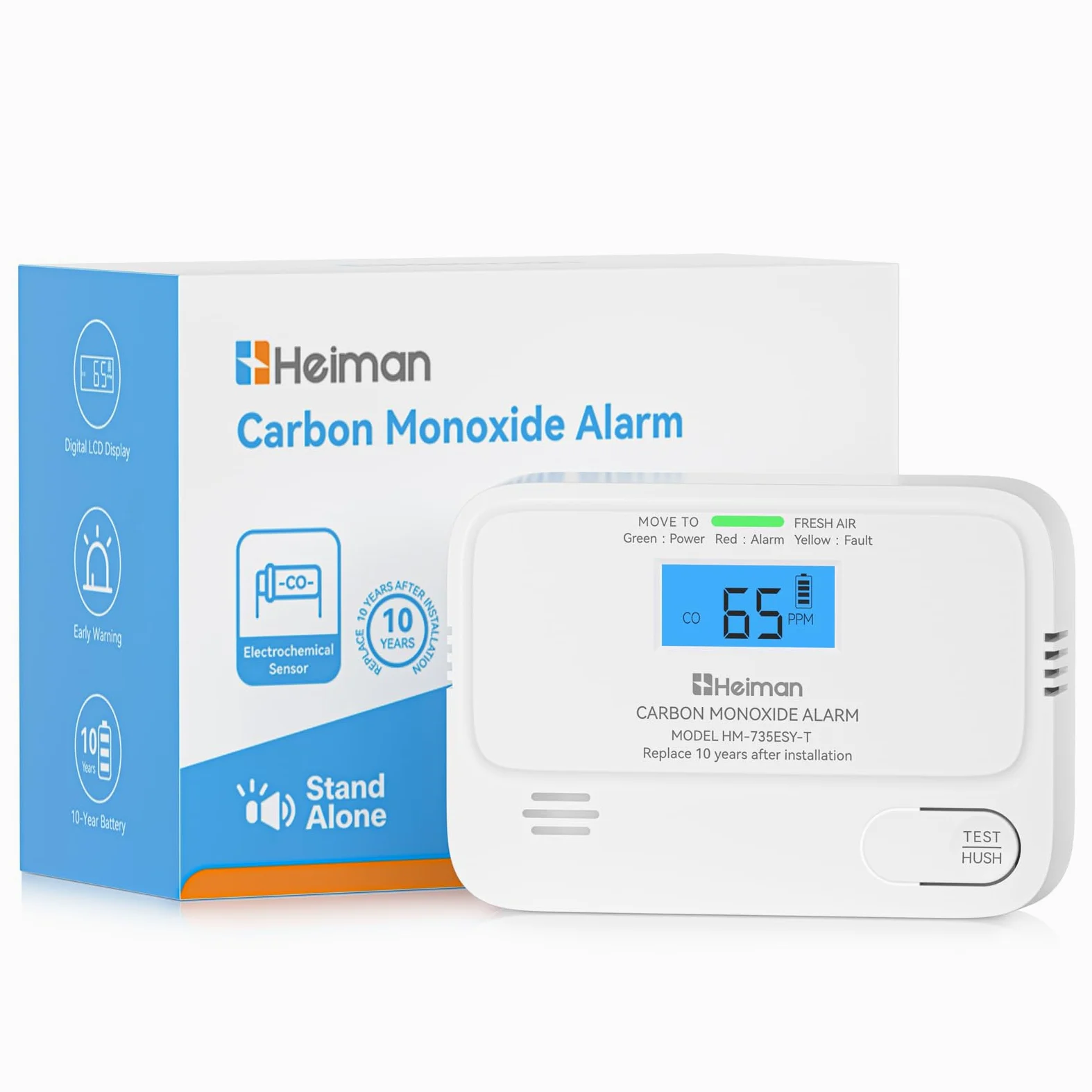 Heiman Rilevatore di Monossido di Carbonio, durata della batteria di 10 anni, Rilevatore CO per la casa con display LCD digitale, allarme CO certificato BSI, norma EN 50291