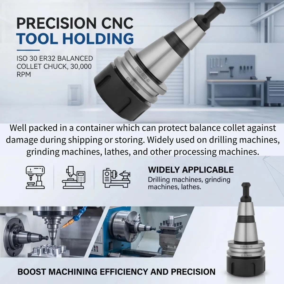 ISO30 ER32 Balance Collet Chuck Acciaio inossidabile G2.5 30000RPM CNC Utensile da tornio Portautensile Argento e nero