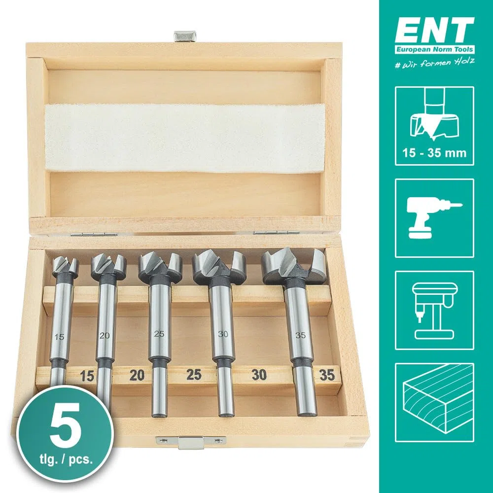 ENT 25100 Set da 5 pz. Punte Forstner per legno Ø 15, 20, 25, 30, 35 mm, in acciaio per utensili, per eseguire facilmente fori ciechi nel legno tenero, set di punte per legno fai da te, punta per fori