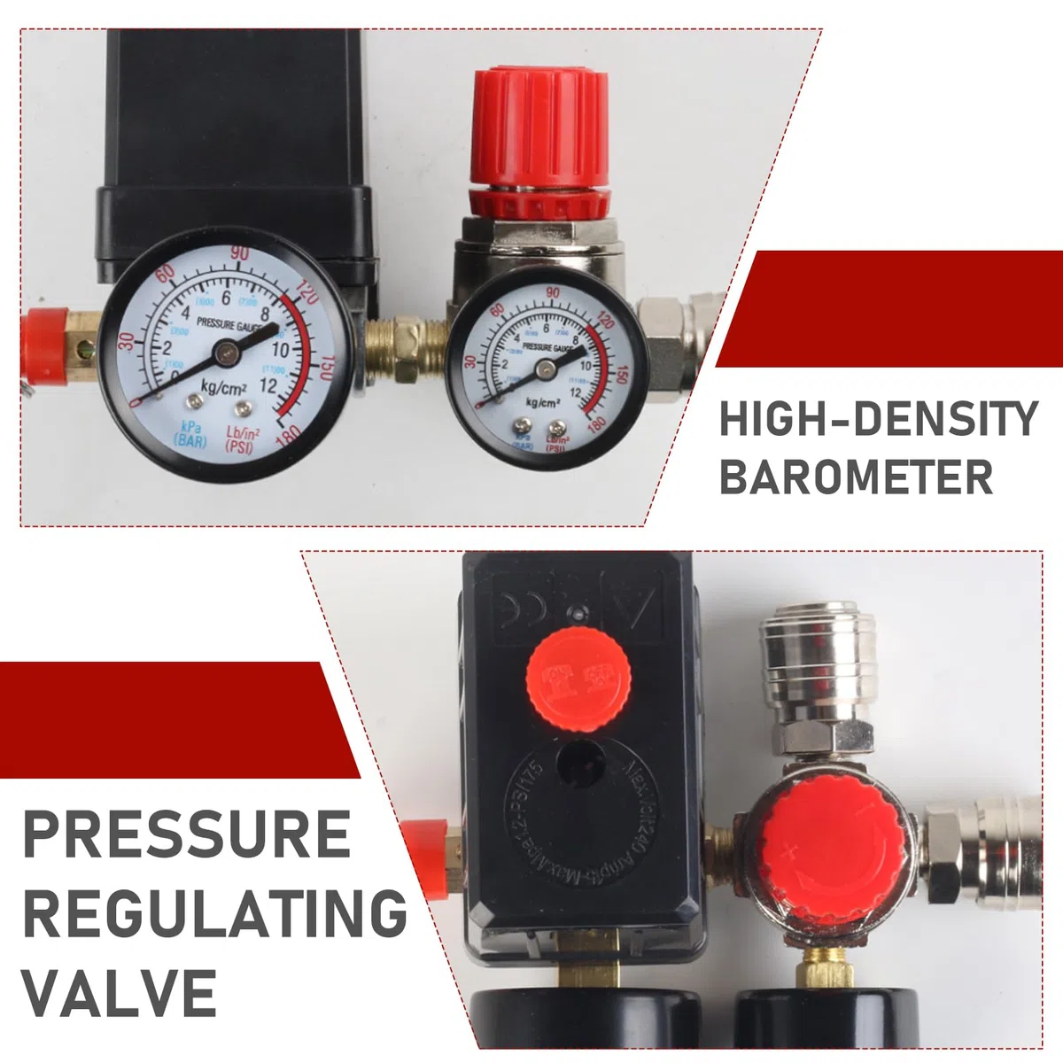 Interruttore di pressione per compressore 220V con regolatore di pressione e 2 manometri, valvola di controllo del compressore d'aria, interruttore del compressore con valvola di sicurezza e giunti