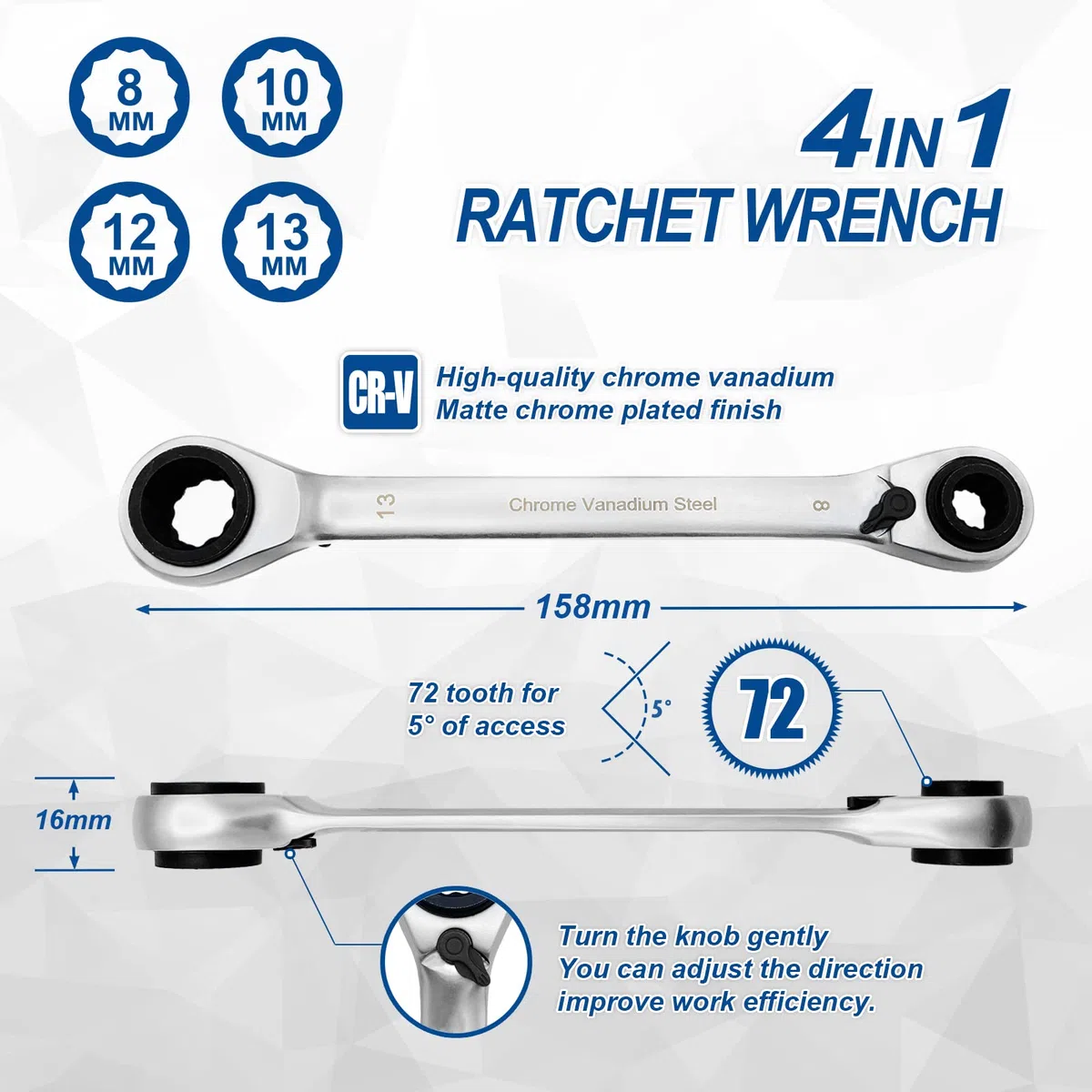 DAKCOS Chiave combinata a cricchetto 4 in 1, 8 x 10-12 x 13 mm, chiave a cricchetto a doppia estremità CR-V con finitura cromata opaca