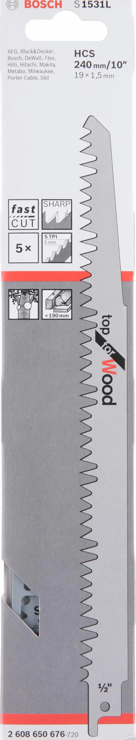 Bosch Professional 5 pz. di lame per sega universale S 1531 L Top for Wood (per legno, 240 x 19 x 1,5 mm, accessorio per sega universale)