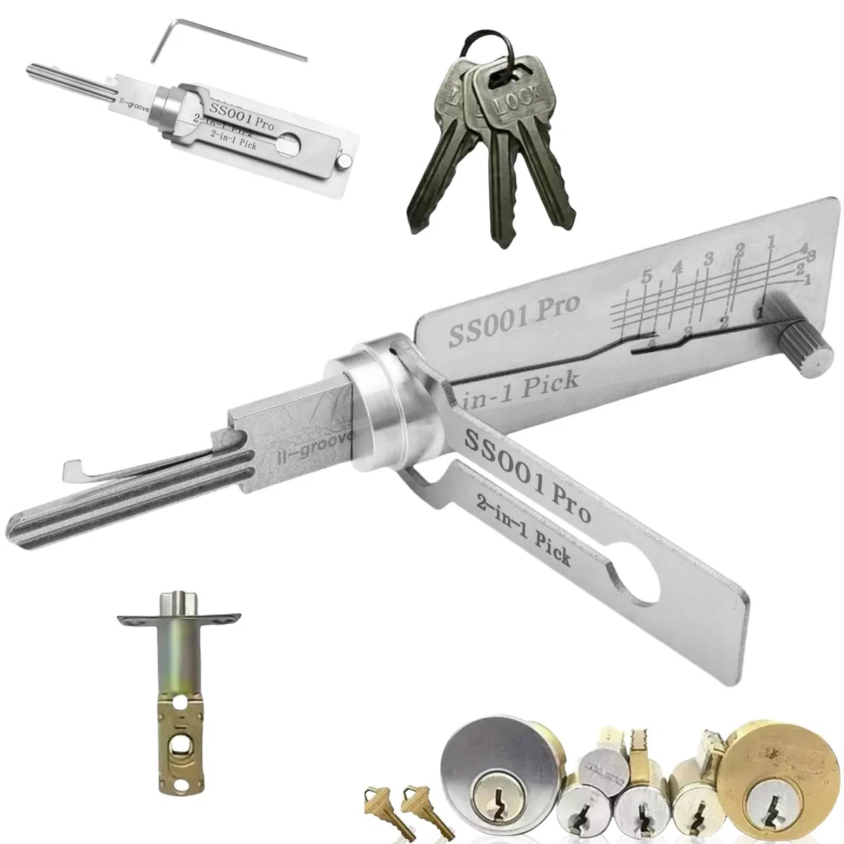 SS001 Pro Lock Pick Tool,2 in 1 Kit di picking serratura & Master Key Decoder,grimaldelli in acciaio inox per principianti,Serrature pratiche per serratura serratura,Set di grimaldelli per serrature