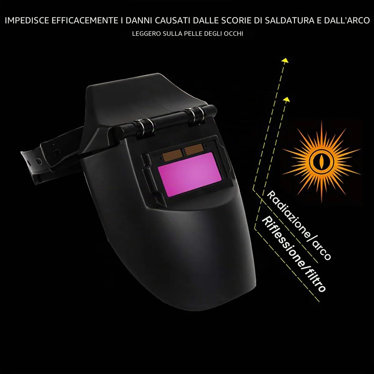ALLOMN Maschera per Saldatura, Casco per Saldatura Solare Testa a Testa Regolare Casco Oscurante Automatico, Sensore ad Alta Sensibilità, Solare Motorizzato (Con 2 Pad)