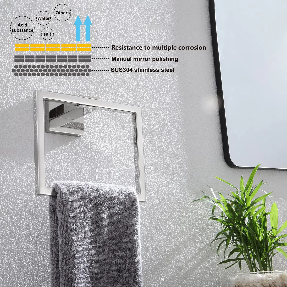 KOKOSIRI Portasciugamani da bagno ad anello per asciugamano da bagno, da parete, in acciaio inox, stile moderno, cromato lucido, B3004CH