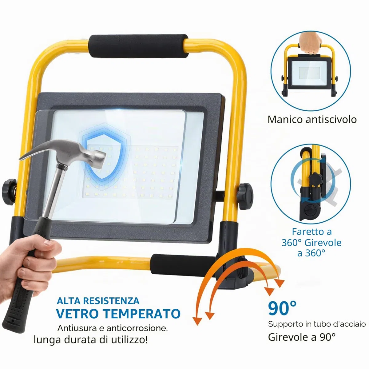 Aigostar - Faretto LED da Cantiere 50W,Super luminoso Faro LED con Spina,con staffa pieghevole, rotazione 360，portatile，Ideale per cantiere edile， officina， Garage