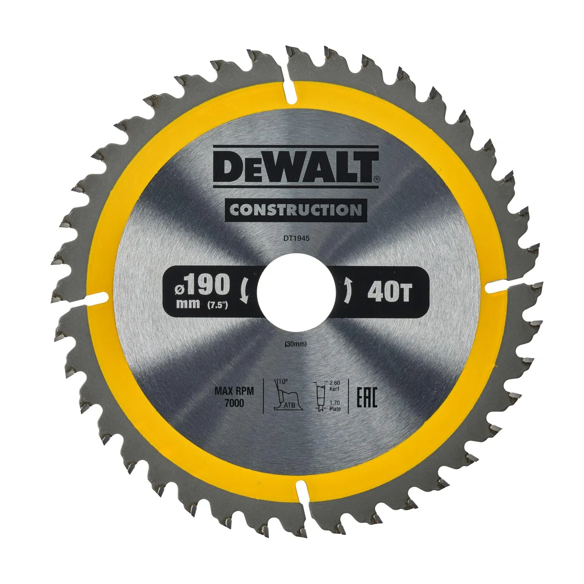 DEWALT DT1945-QZ Lama Circolare per Seghe Portatili Edilizia, 190 x 30 mm, 40 Denti