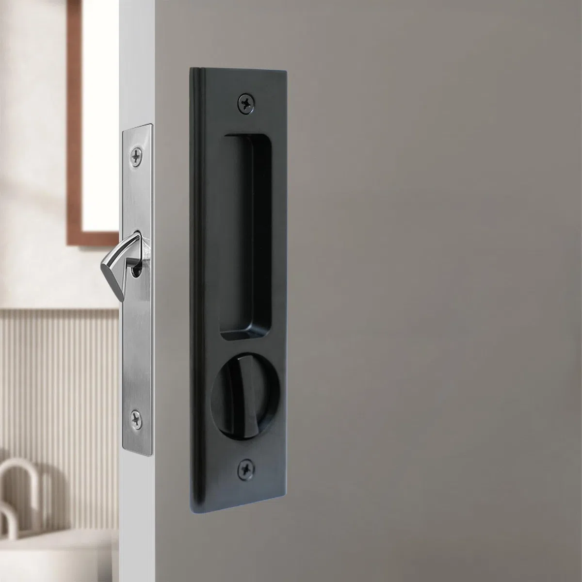 HOCONNIE Serratura Porta Scorrevole Senza Chiave Serratura Porta a Scomparsa Maniglia Porta Scorrevole Incasso Serratura Della Porta 160mm (Nero)