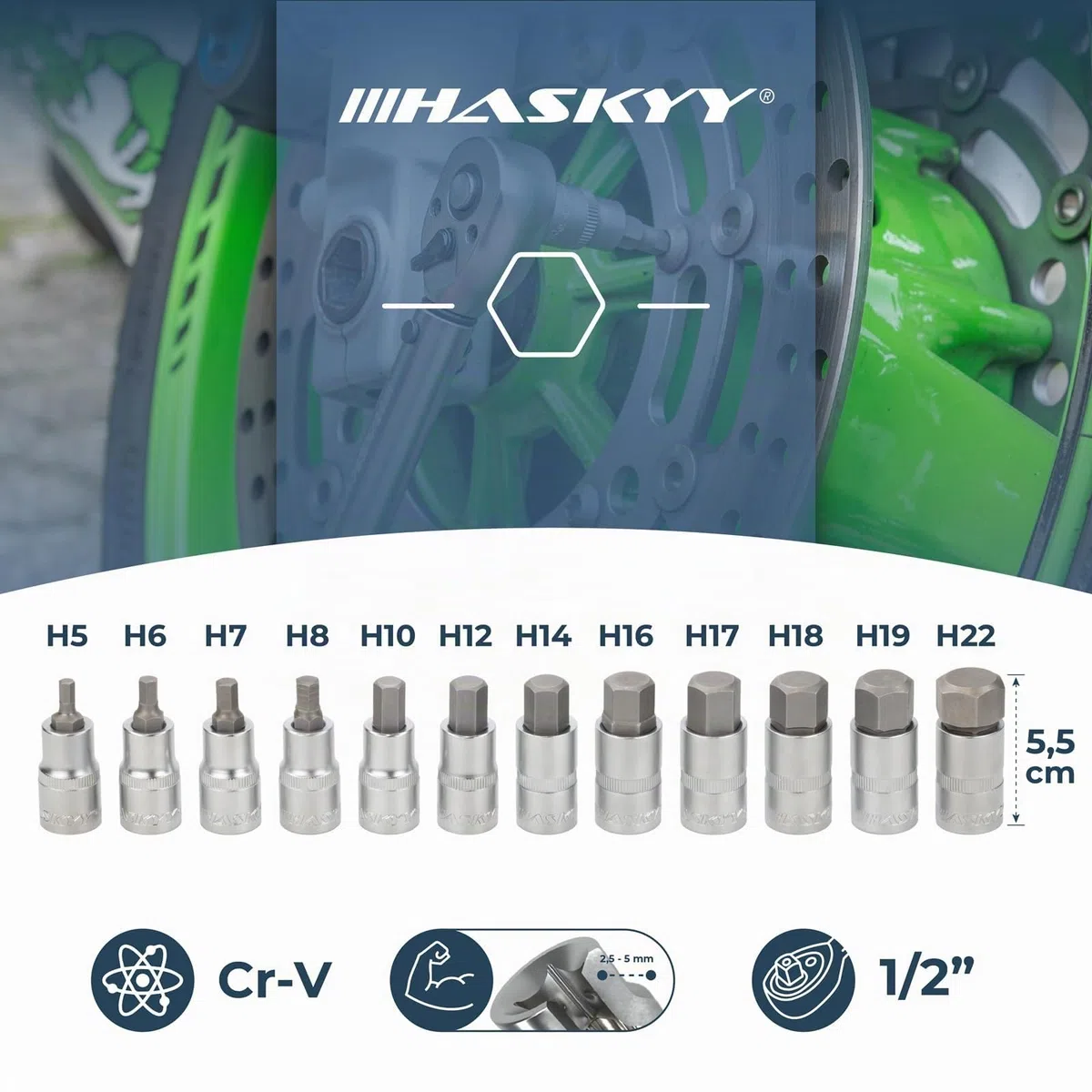 HASKYY Set di chiavi esagonali interne, 5-22 mm, 1/2 pollici, 12 pezzi. Set di bit esagonali in pratica scatola di plastica per la conservazione