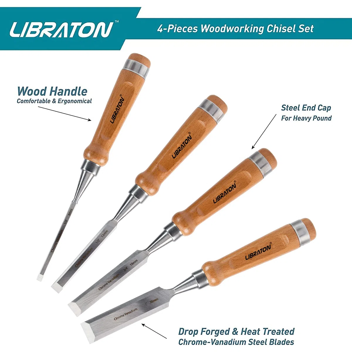 Libraton Set Scalpelli per Legno, 4 Pezzi da Falegname, Scalpello per Legno, Utensili per Legno, Utensili per La Lavorazione del Legno