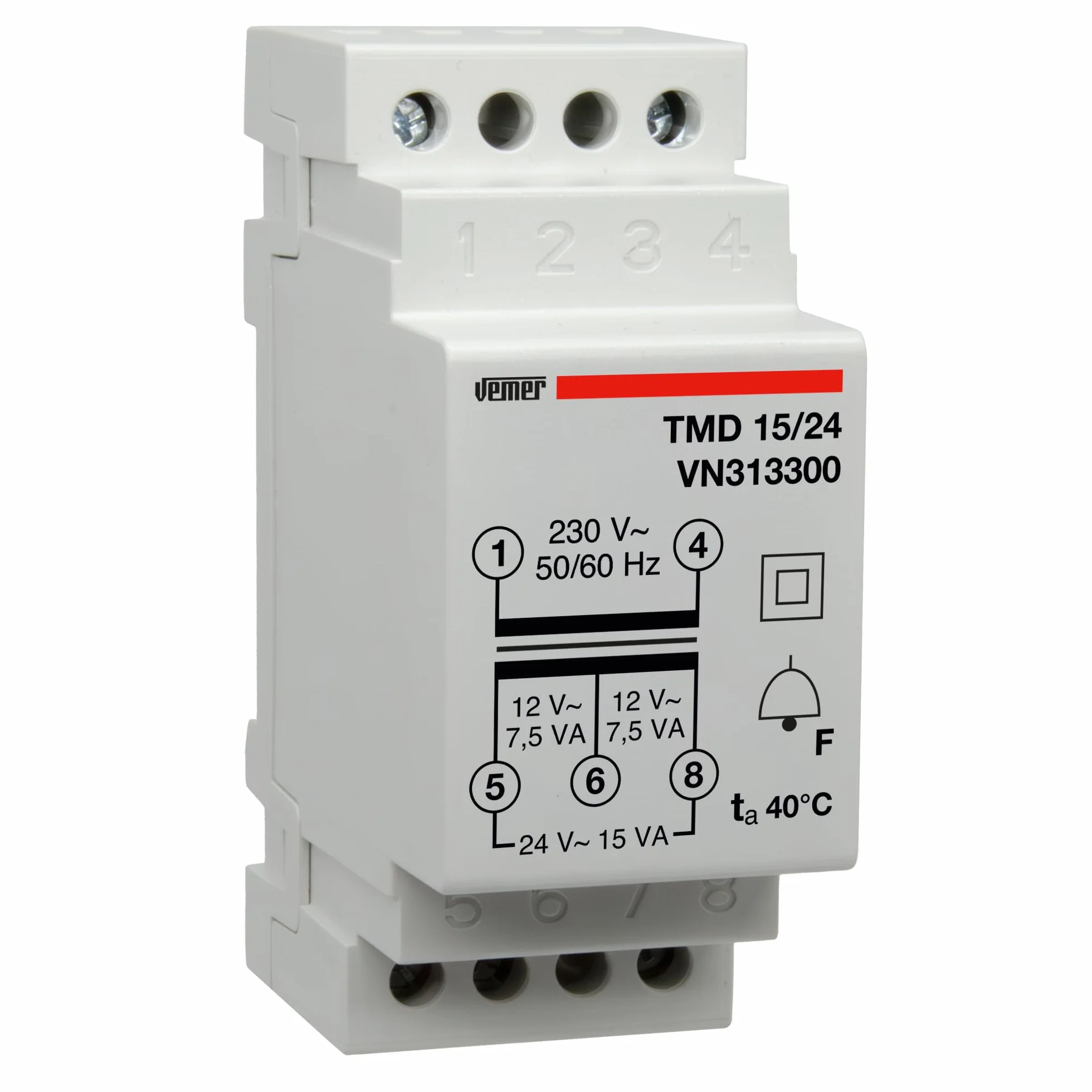 VEMER VN313300 TMD 15/24 - Trasformatore 24V per Campanelli, Installazione su Barra Din, Tensione Primario 230V, Tensione Secondario 12-24V, Potenza 15VA, Bianco