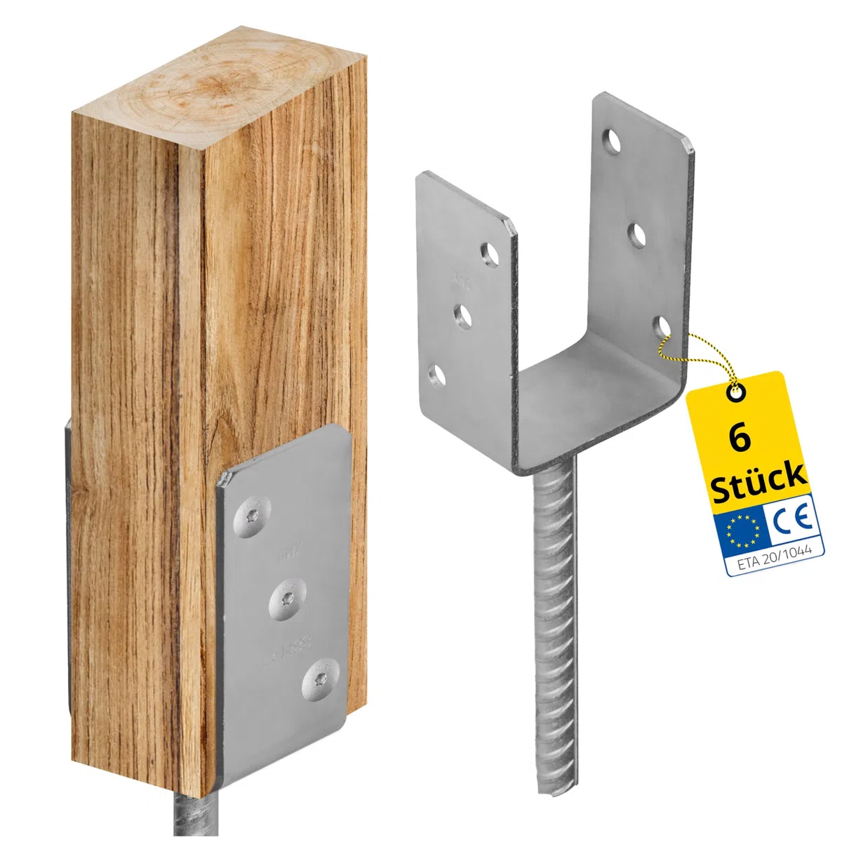 Supporto per pali a U – 6 pezzi – Connettori in legno – Profilo a U – Supporto per pali 80 x 80 cm – Supporto per pali da cemento – Piedini di supporto per pali di recinzione, pali in legno, terrazzo