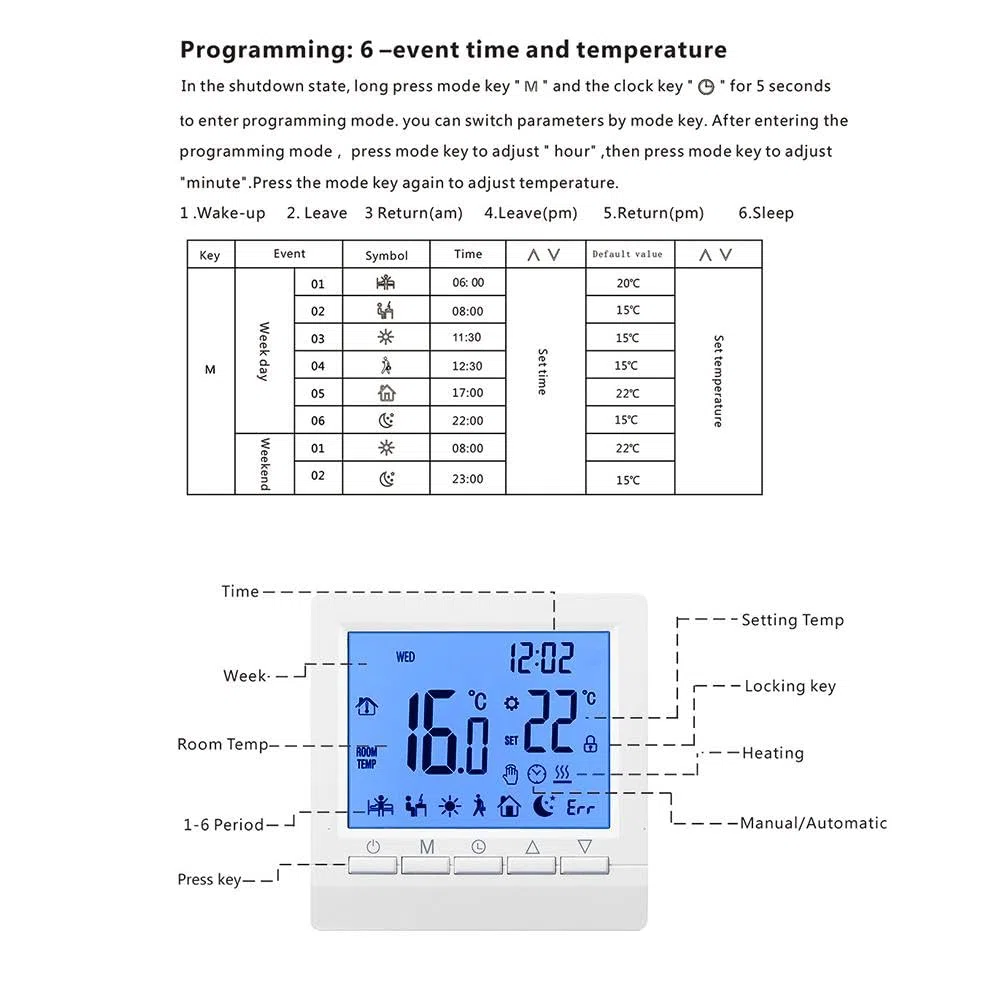 Termostato domestico digitale programmabile,Regolatore di temperatura ambiente termostato LCD digitale,Termostato caldaia a gas, Termostato di riscaldamento LCD a parete