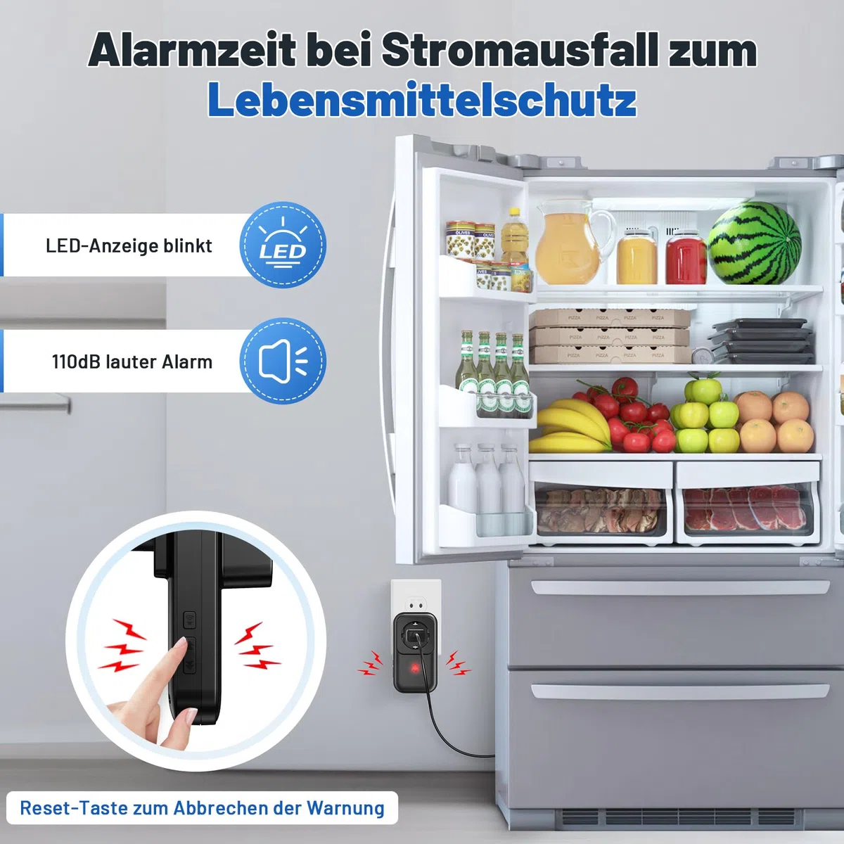 Avviso Allarme Mancanza Corrente, Rilevatore Interruzione Corrente con LED, allarme per interruzione di corrente del freezer da 0 a 110 dB 7 suonerie perfetto per frigoriferi, pompe di scarico