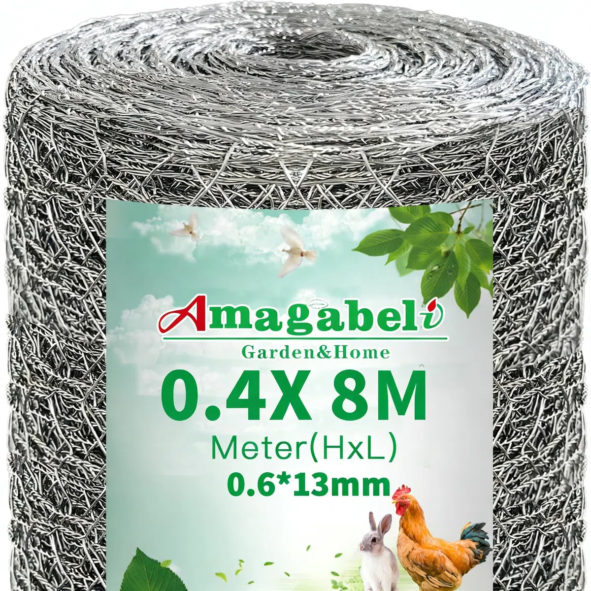 Amagabeli Rete Zincata Rinforzata, 12.7mm, 40cm x 8m, ad Alta Densità - Perfetta per Recinzione di Pollame, Animali Domestici, Orto e Protezione Piante - Antiruggine e Durevole