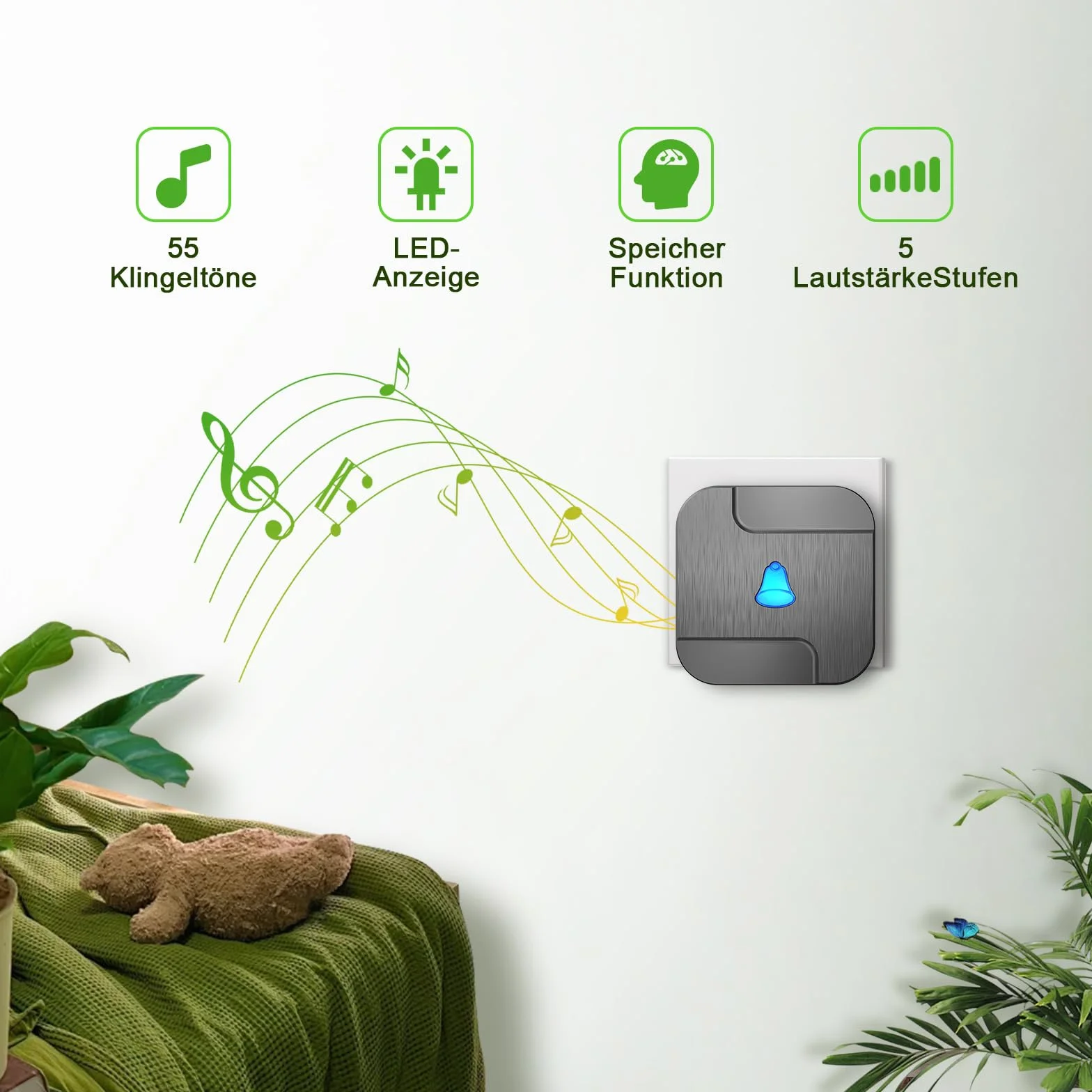 SURFOU Campanello Wireless Senza Fili da Esterno con Batteria, 300M Distanza Impermeabile,55 Suonerie includere il Natale 5 Volumi Selezionabili per gli Anziani 2 Casa interno Ricevitore Nero