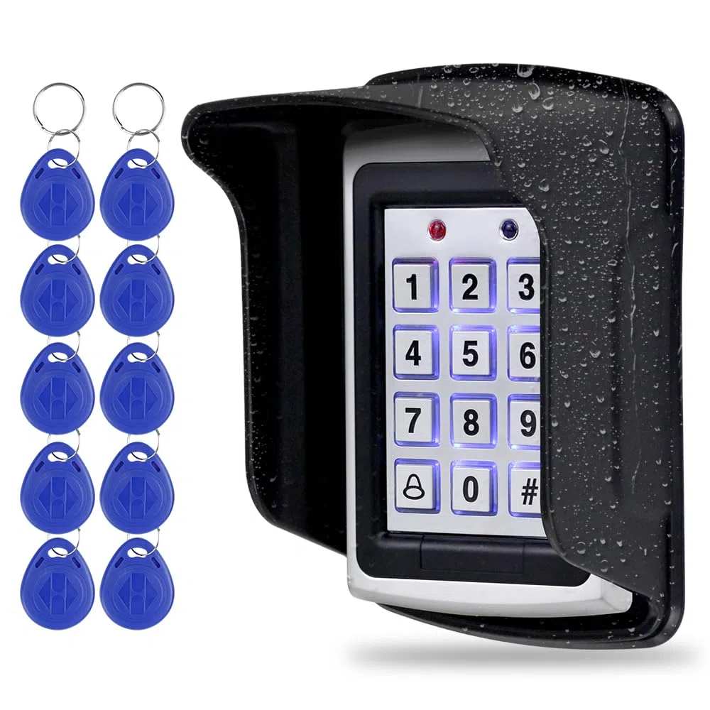 Sistema di controllo accessi RFID da 125 KHz con lettore di tastiera in metallo + copertura impermeabile + 10 portachiavi blu, supporta 1000 utenti, adatto per garage, uffici e porte di