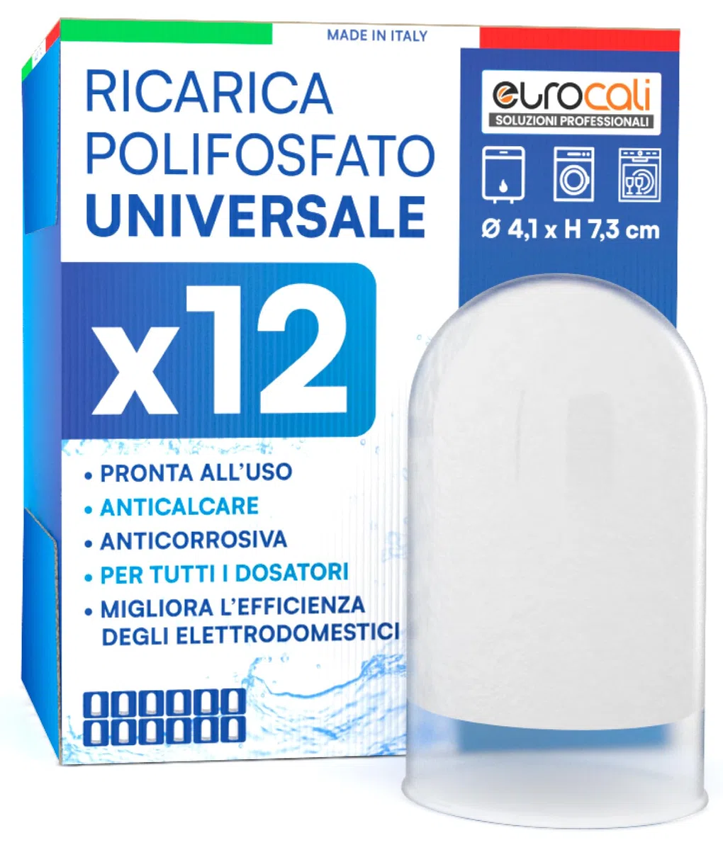 Ricarica Polifosfato in Polvere per Caldaie Lavatrici ed Elettrodomestici Universale 1/2" 4,1x7,3cm per Filtro e Dosatori Protezione Anticalcare e Anticorrosiva - Confezione da 12 Ricariche