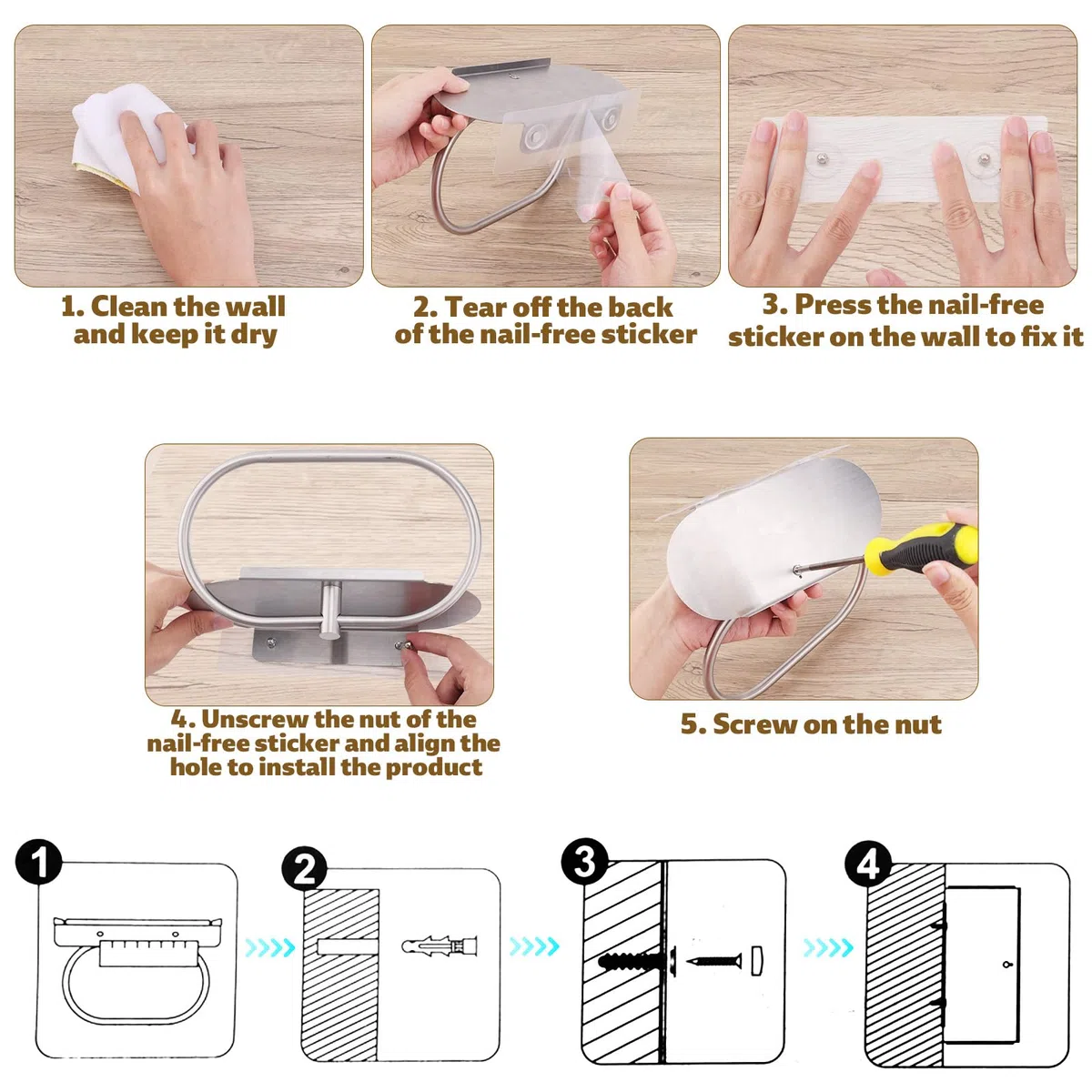 Tinoaly Portasciugamani con Mensola, Ovale Resistente in Acciaio Inox 304 Adesivo Portasciugamani Bagno Anelli Parete Pratico Accessorio Cucina e Bagno(Argento)