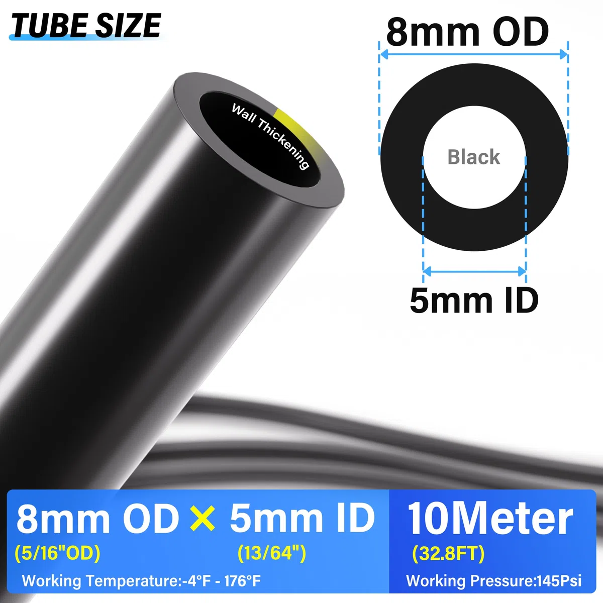 TAILONZ PNEUMATIC nero 8 mm o 5/16 OD 5mm ID poliuretano PU tubo flessibile aria Kit 10 metri 32.8ft