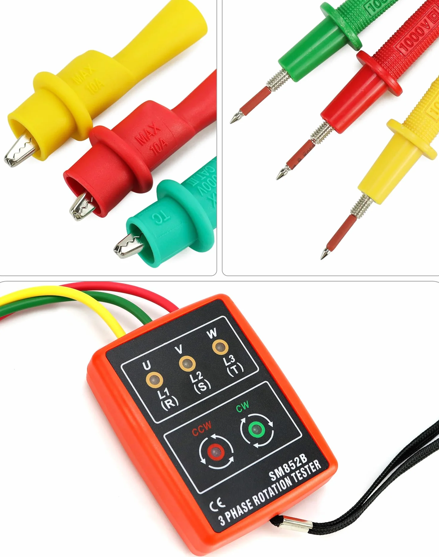 QWORK Tester di fase, misuratore di campo girevole per 3 fasi, 60 V ~ 600 V AC, 20 – 400 Hz, con tester estivo e morsetti a coccodrillo