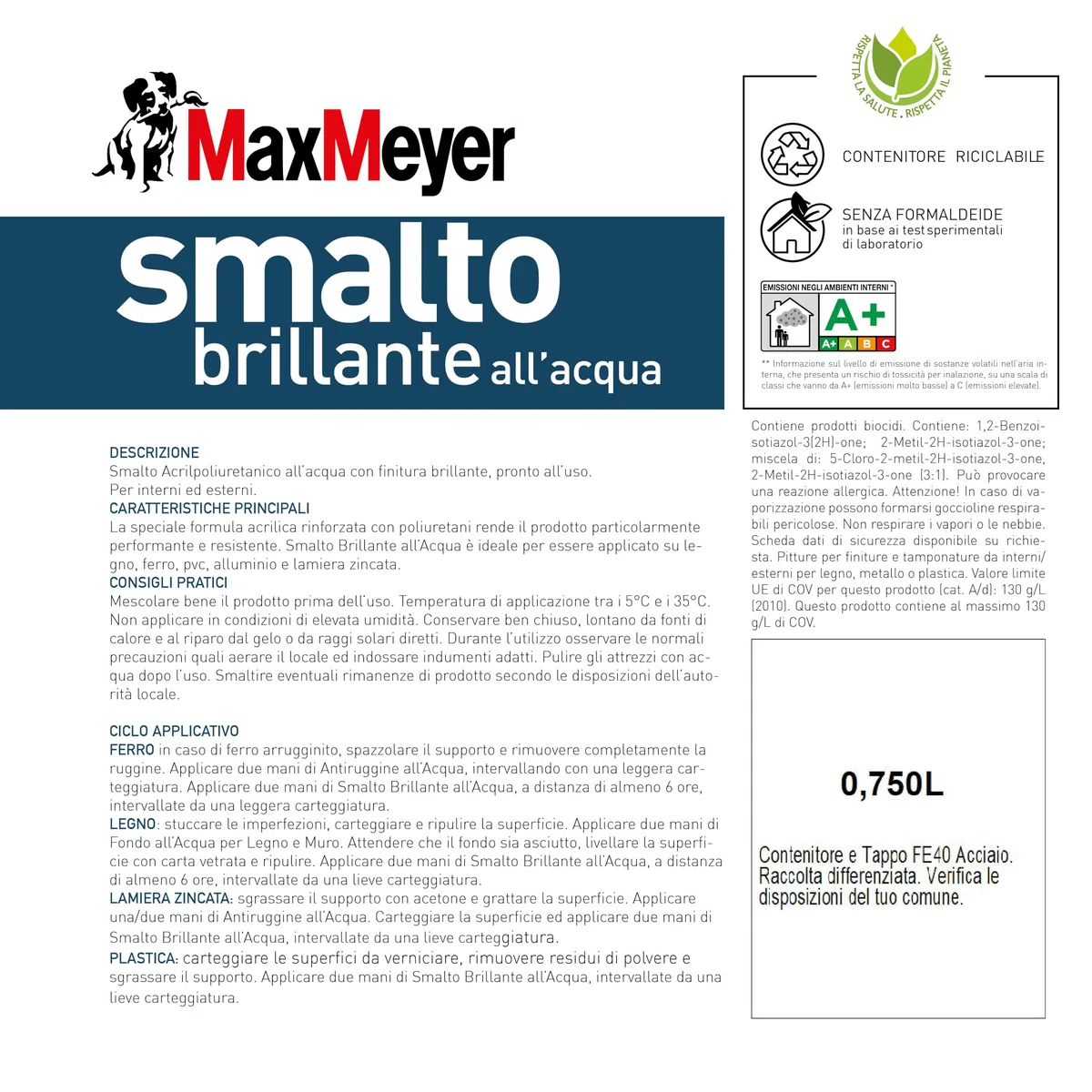 Maxmeyer Smalto All'Acqua Poliuretanico Brillante Bianco 0,75 L
