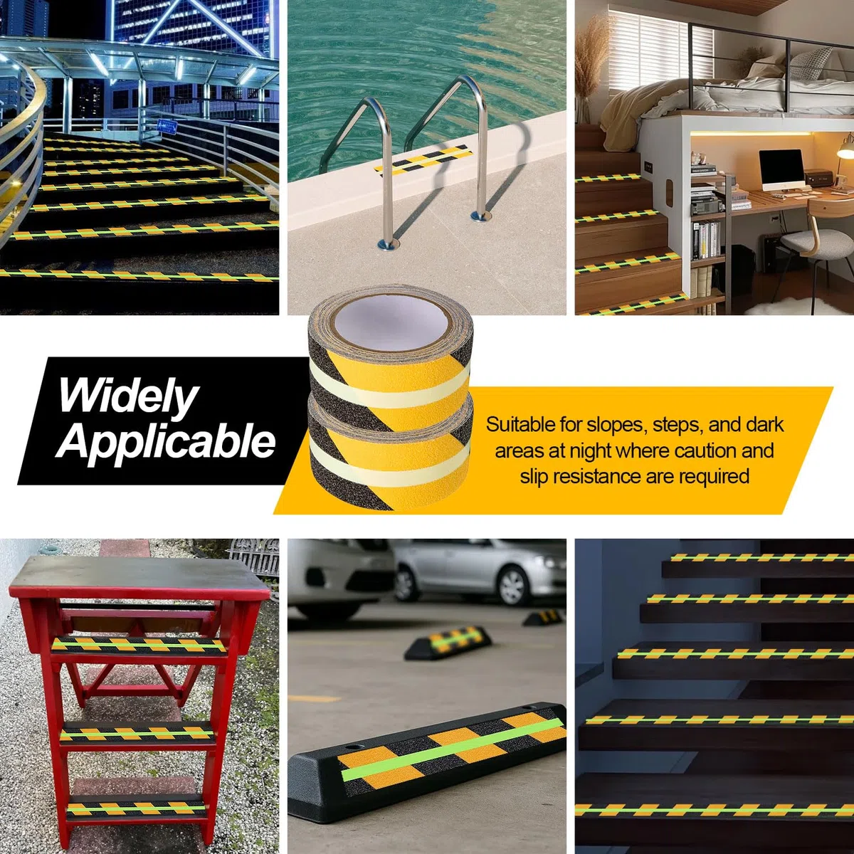 2 Pezzi Nastro Antiscivolo per Gradini Strisce Antiscivolo per Scale Esterne Fluorescente Autoadesivo Nastro di Segnalazione per Scale, Gradini, Rampe e Pavimenti, 5 m x 5 cm, Nero e Giallo